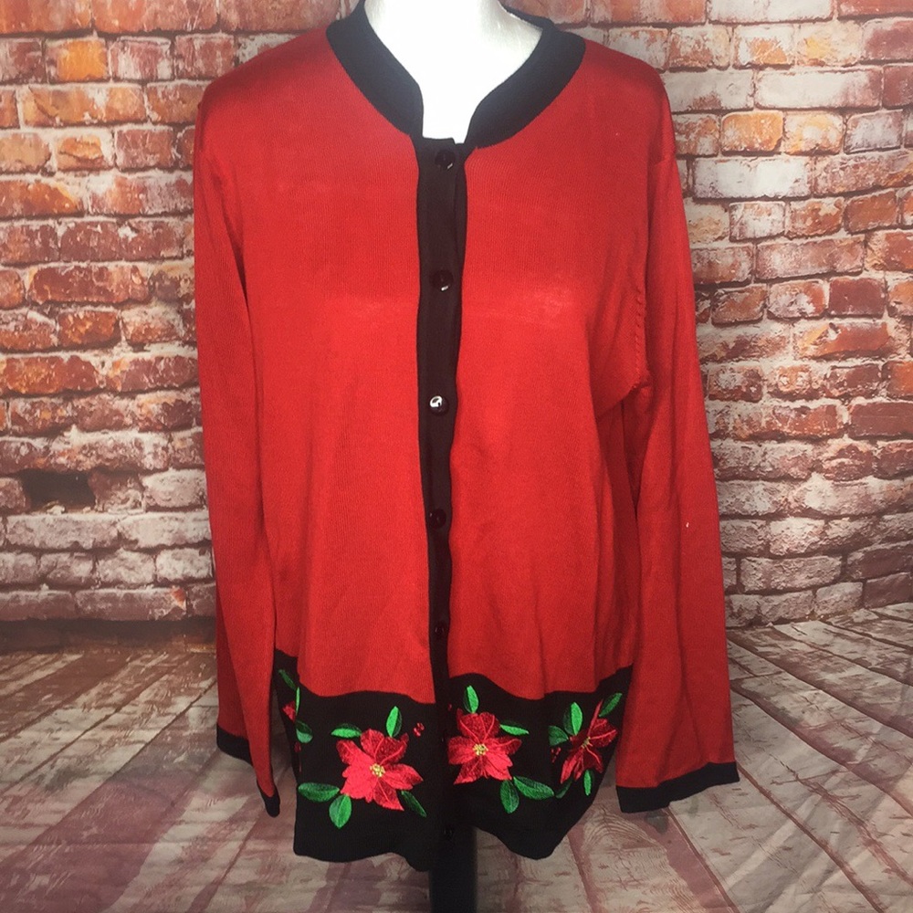 Vintage LEA Apparel Embroidered Christmas Poinsettia Cardigan